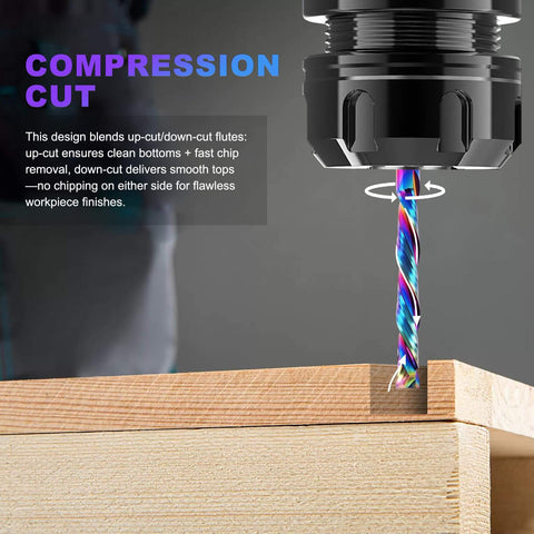 Pro Grade One Quarter Inch Shank Compression Router Bit Extra Long Four Inch Overall Length Two Inch Cutting Length DLC Coated
