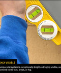 Die Cast Three Vial Torpedo Level With 1 Percent And 2 Percent Slope Rings, Vertical Plumb Vial, And 45 Degree Vial showing bright vials