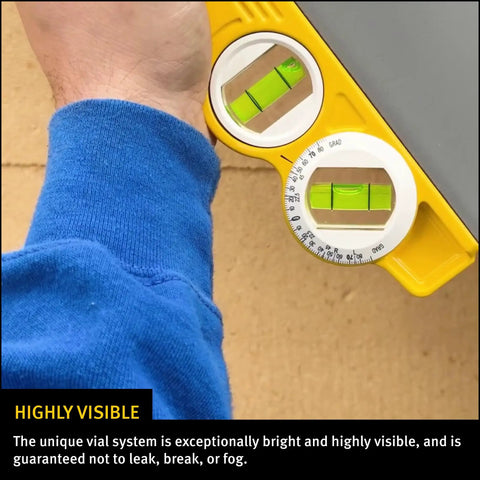 Die Cast Three Vial Torpedo Level With 1 Percent And 2 Percent Slope Rings, Vertical Plumb Vial, And 45 Degree Vial showing bright vials