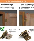 Comparison of overlay hinge and 3/8" inset hinge with details on flat vs step cabinet door for Antique Brass Cabinet Hinges.