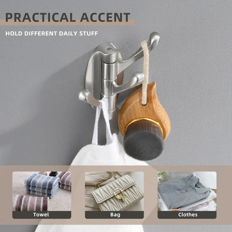 Foldable Three-Arm Swivel Wall Hook In Brushed Nickel Finish holding towel and brush, space-saving bathroom organizer for towels robes coats hats