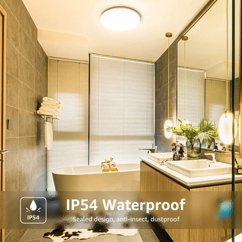 Sleek Dope Flush Mount LED Ceiling Light 15W 1250 Lumen 3000K Soft Warm White installed in modern bathroom, IP54 rated