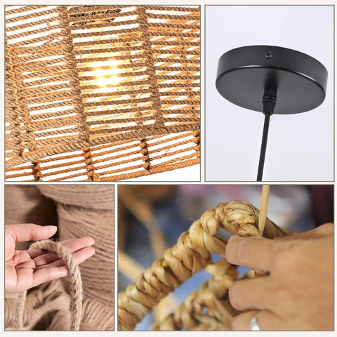 Details of Woven Pendant Light Boho Chandelier with hemp rope, rattan elements, and black ceiling mount, 15.7 inch diameter