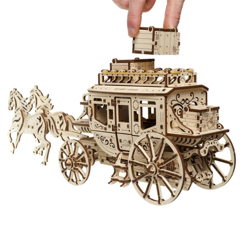Wooden Stagecoach 3D Puzzle Construction Kit With Self Moving Gears Openable Cabin Doors And Detailed Mechanical Fun For Builders Of All Ages Perfect STEM Toy For Curious Kiddos And Grownups Who Love Hands On Gear Puzzles, wooden stagecoach with horses