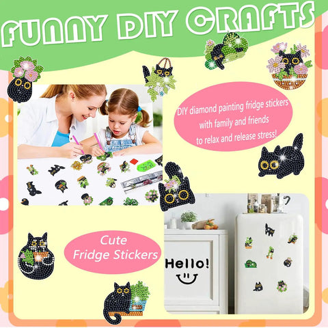 Black Cat Diamond Art Magnets Kit 16Pcs 5D DIY Diamond Painting Magnets displayed on fridge and crafting table