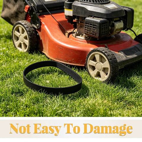 Heavy Duty Garden Trimmer Drive Belt Rubber Black Replacement For Outdoor Lawn Care Durable Ground Drive Belt For Mowers And Garden Machines Resistant To Wet Conditions High Grass And Heat Keeps A Solid Grip. black drive belt shown with lawn mower on grass