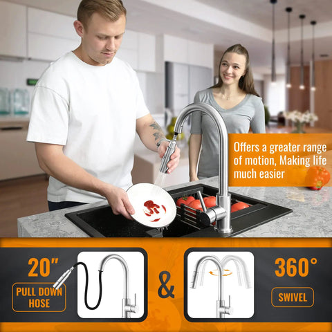 Man using Pull Down Kitchen Faucet With Brushed Nickel Finish, Single Handle High Arc Swan Neck in modern kitchen