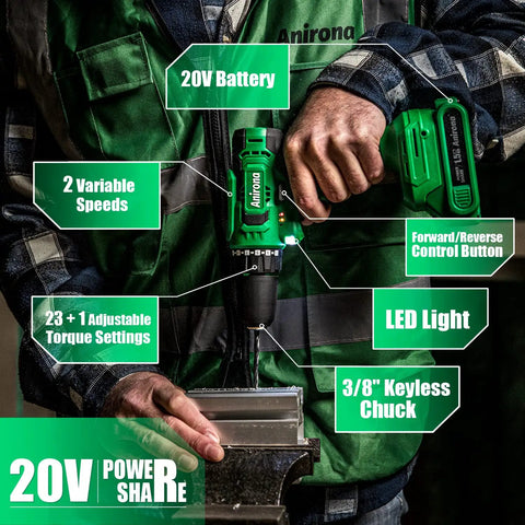 Person using 20V Cordless Drill Set with Battery and Charger, 350 In-Lb Torque, Three Eighths Inch Keyless Chuck, Dual Variable Speed