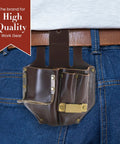 4 Pocket Pliers Hammer Holder Pencils And Tape Holder Leather Tool Pouch on belt, full grain dark tan leather, worn by person