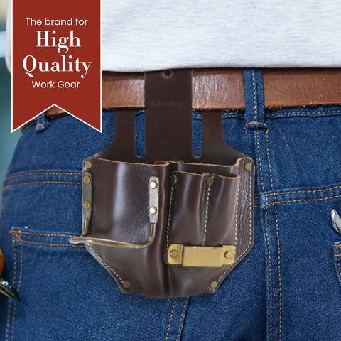 4 Pocket Pliers Hammer Holder Pencils And Tape Holder Leather Tool Pouch on belt, full grain dark tan leather, worn by person