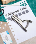 Heavy Duty Hole Punch With Long Reach And Deep Throat For Easy Low Effort Punching Three Eighth Inch Circular Hole Two Inch Throw Single One Hole Puncher Handheld Alloy Punch For ID PVC Cards 25 Sheet Capacity Five Inch Tall on a desk
