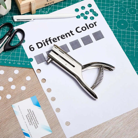 Heavy Duty Hole Punch With Long Reach And Deep Throat For Easy Low Effort Punching Three Eighth Inch Circular Hole Two Inch Throw Single One Hole Puncher Handheld Alloy Punch For ID PVC Cards 25 Sheet Capacity Five Inch Tall on a desk