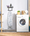 Wall Mount Ironing Board Hanger And Laundry Room Organizer With Large Dark Gray Wooden Base Basket And Removable Hooks Space Saving Storage For Iron Steamer Spray Bottles And Accessories.