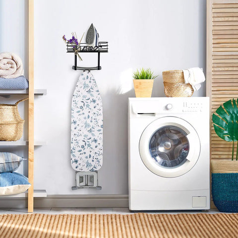 Wall Mount Ironing Board Hanger And Laundry Room Organizer With Large Dark Gray Wooden Base Basket And Removable Hooks Space Saving Storage For Iron Steamer Spray Bottles And Accessories.