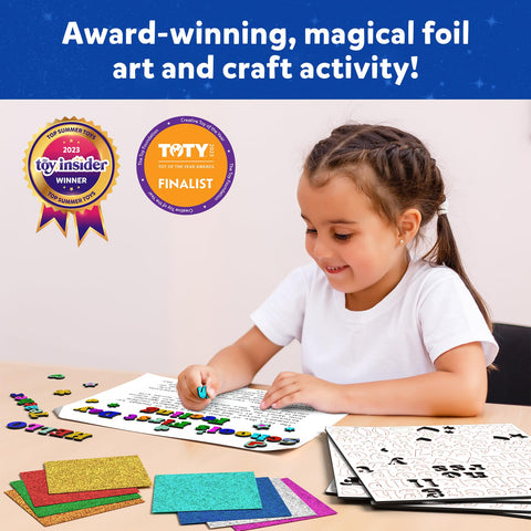 Child using Foil Fun Letter And Number Sticker Set For Mess Free Arts And Crafts Projects at table with colorful foil sheets.