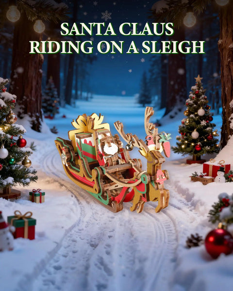 3D Wooden Puzzle Gravity Swing Santa On Sleigh Desktop Decor With Dynamic Balance For The Holidays, Festive Puzzle Gift For The Fam And Friends, Fun Desk Ornament That Swings Smoothly Into Perfect Equilibrium. Wooden Santa sleigh desk decor in snowy holiday scene