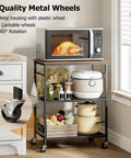 Smooth Rolling 3 Tier Kitchen Microwave Cart Sturdy Steel Build Easy Glide Casters showcasing 4 metal wheels and storage use.