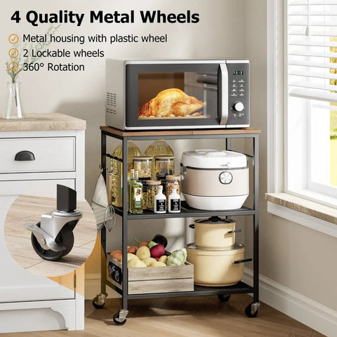 Smooth Rolling 3 Tier Kitchen Microwave Cart Sturdy Steel Build Easy Glide Casters showcasing 4 metal wheels and storage use.