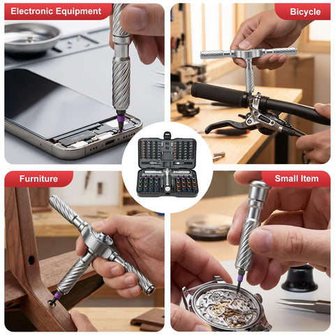 Using 115-In-1 Magnetic Screwdriver Set With Ratchet for electronic equipment, bicycles, furniture, and small items.