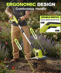 Person using 22V Cordless Garden Tiller Cultivator For Soil Preparation And Weeding Lightweight Rototiller in garden