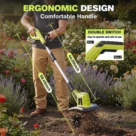Person using 22V Cordless Garden Tiller Cultivator For Soil Preparation And Weeding Lightweight Rototiller in garden