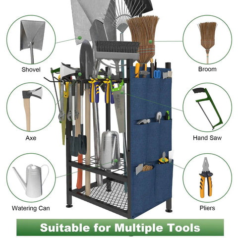 Beefed Up Garden Tool Organizer Rack For Garage And Shed, Metal Yard Tools Storage For Up To 46 Tools Including Shovels, Rakes And Brooms, With 11 Hooks And 35 Slots, Ideal For Garage Yard Patio Or Shed