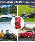 60L Portable Fuel Caddy On Wheels With 10 Ft Delivery Hose And Siphon Pump Heavy Duty Poly Gas Can For Gasoline And Diesel in use with cars, boats, lawn mowers, and tractors.