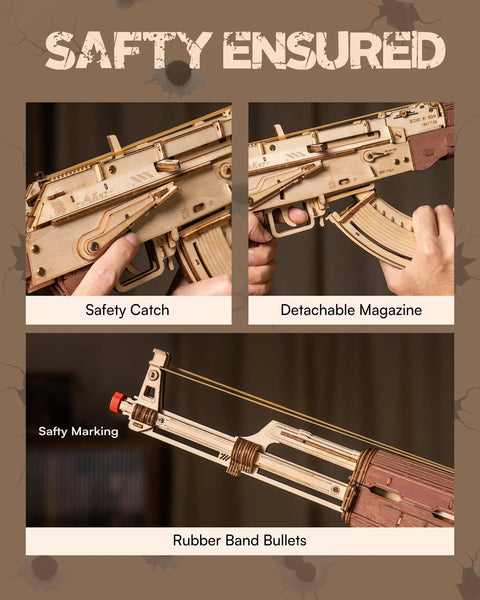 Wooden 3D AK47 Puzzle Model With Rubber Band Shooter Detachable Magazine And Two Fire Modes Cool DIY Wood Craft Kit