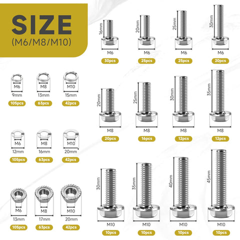 830 Piece Metric Bolt Kit With M6 M8 M10 Flange Hex Head Screws M6x1.0 M8x1.25 M10x1.5 304 Stainless Steel Sizes