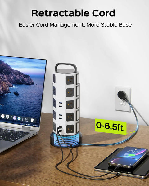 26 In 1 Power Station With 20 Outlets And 6 USB Ports Including 2 USB C Flat Plug Extension Cord 6 Point 5 Ft 1050J Surge Protector