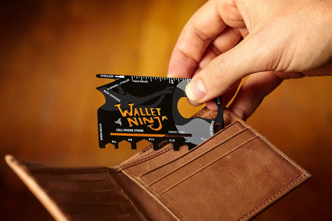 18 Tools In One Credit Card Sized Multitool For Quick Fixes And Everyday Carry, Bottle Opener, Box Cutter in wallet.