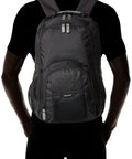 Hustle Hard Laptop Backpack For Up To 17 Inch Machines, water repellent travel daypack shown from behind with padded straps.