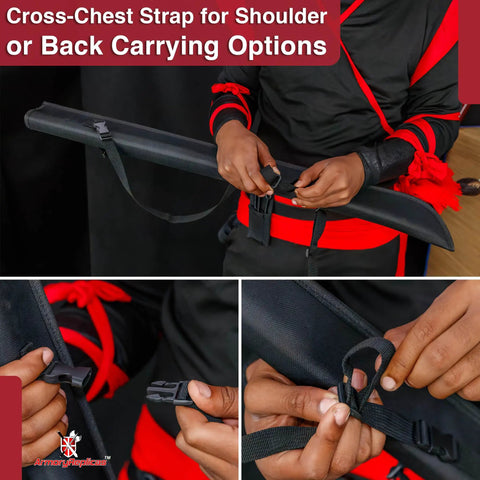 Close-up of Durable Nylon Katana Sword Holder Case with hard lining, adjustable cross chest straps for secure back carrying.