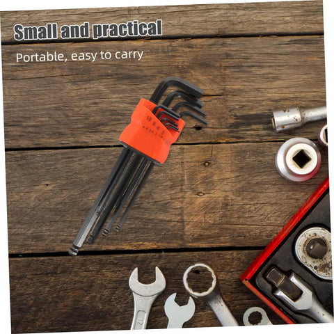 Super Cool L Shaped Hex Wrench Set With Ergonomic Grip And High Carbon Steel Build For Tough Bike Repairs And Home Fix-Ups That Reduce Hand Strain While Keeping Your Toolkit Rock Solid And Ready To Roll Anytime You Need It. L-shaped hex wrench set with orange holder on wood, portable and compact