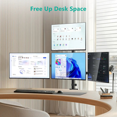 Kick Up Your Desk Game With This Stacked Quad Monitor Mount For 13 To 27 Inch Led Lcd Screens Holding 22 Pounds Per Arm And Keeping Things Clean A Real Space Saving Flex Right Now, showcasing four monitors on a stylish desk.
