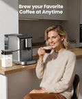 Top Shelf Automatic Espresso Machine With Built In Grinder And Rapid Milk Frother One Button Control Brew Dope Cappuccino Latte Or Bold Americano Straight Up Barista Grade Perfection, woman enjoying coffee.