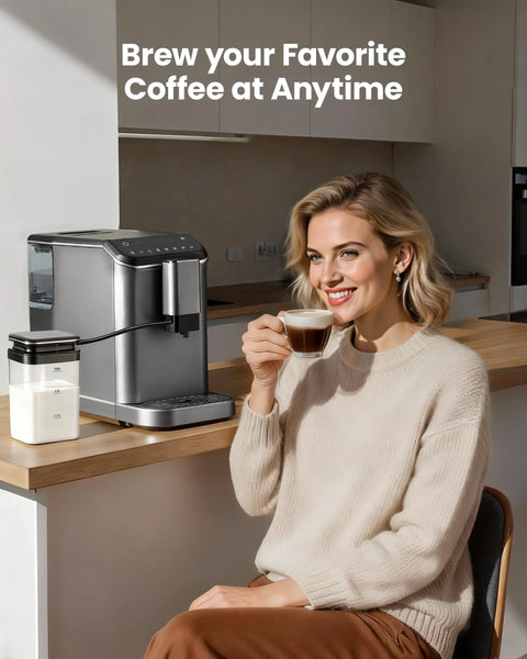 Top Shelf Automatic Espresso Machine With Built In Grinder And Rapid Milk Frother One Button Control Brew Dope Cappuccino Latte Or Bold Americano Straight Up Barista Grade Perfection, woman enjoying coffee.
