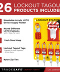 Lockout Tagout Station Kit With 26 LOTO Devices And 20 Do Not Operate Tags Padlock Hasps Wall Mount Board OSHA Compliant Industrial Safety System