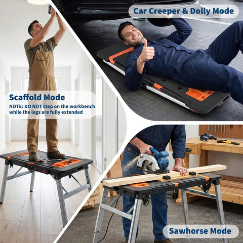 7-in-1 Folding Workbench With Wheels Portable Workshop Station in Car Creeper, Scaffold, and Sawhorse Modes