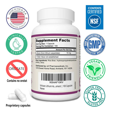 Lithium Aspartate 10mg Supplement For Brain Fuel And Cognitive Function As You Age, Boosts Mental Clarity, Mood Support, Keeps You Sharp, Longevity, NSF Certified Natural Capsule 100 Count bottle with supplement facts and certifications