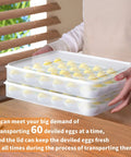 Person holding two pack large capacity deviled egg carrier tray with lids holds 60 eggs total clear plastic egg holder for fridge.
