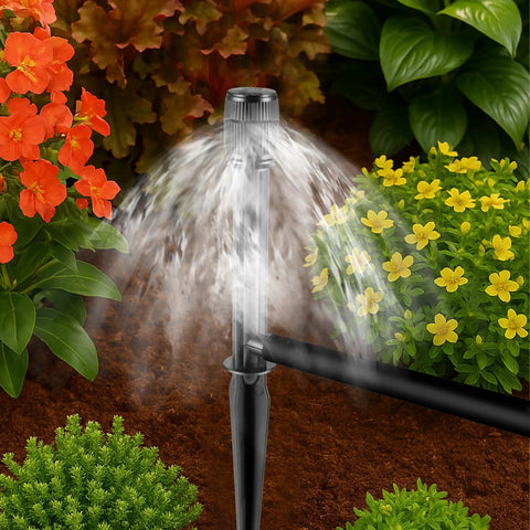 10 Pack Adjustable Sprinkler Bubbler Heads For 1/2 Inch Male Thread With Mushroom Design shown installed in garden