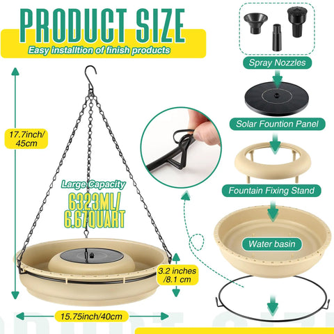 Large Solar Powered Bird Bath Fountain Kit With Four Spray Nozzles For Hummingbirds 1.67 Gallon Hanging Bath Bowl diagram