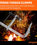 12 Inch Light Duty Bar Clamps Set, Drop Forged Steel, 3 Inch Throat, 12 Inch Opening, sparks background, strong forged clamps