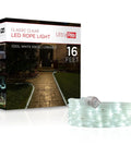 16 Foot LED Rope Lights In Classic Clear With Cool White 5000K, flexible and linkable, next to product packaging box.