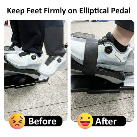 4 Pack Pedal Straps For Under Desk Elliptical Pedal Exercisers Secure Your Feet With Slip Resistant Straps For Stable, Safe Home Gym Workouts Great For Seniors And Low Impact Leg And Foot Training showing before and after use.