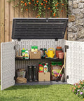 Open 20 Cu Ft Outdoor Storage Cabinet With Adjustable Shelf And Lockable Doors, Weatherproof Resin Shed displaying garden tools.