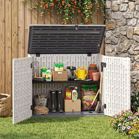 Open 20 Cu Ft Outdoor Storage Cabinet With Adjustable Shelf And Lockable Doors, Weatherproof Resin Shed displaying garden tools.