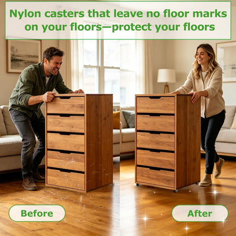 Low Profile Half Inch Caster Wheels With 360 Degree Swivel Plate For Light Furniture And Small Appliances Self Adhesive Nylon Casters That Glide Like Butter No Floor Marks Eight Pack Ideal For DIY Projects on wooden dresser before and after application enhancing floor protection and mobility