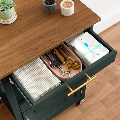 Top view of Rolling Kitchen Island Cart With Single Door Cabinet, Drawer, Sliding Tray, Built In Electrical Outlet, Swivel Locking Wheels, Hooks